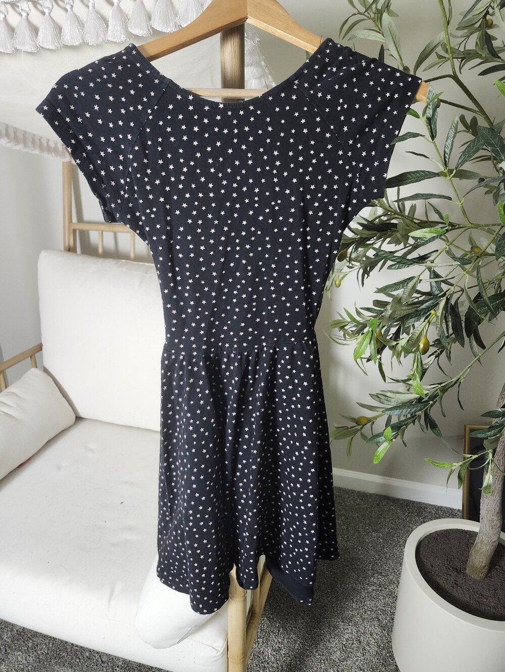 Zara Small Black Star Print Cap Sleeve Dress 95% Cotton